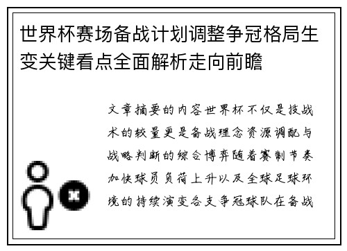 世界杯赛场备战计划调整争冠格局生变关键看点全面解析走向前瞻